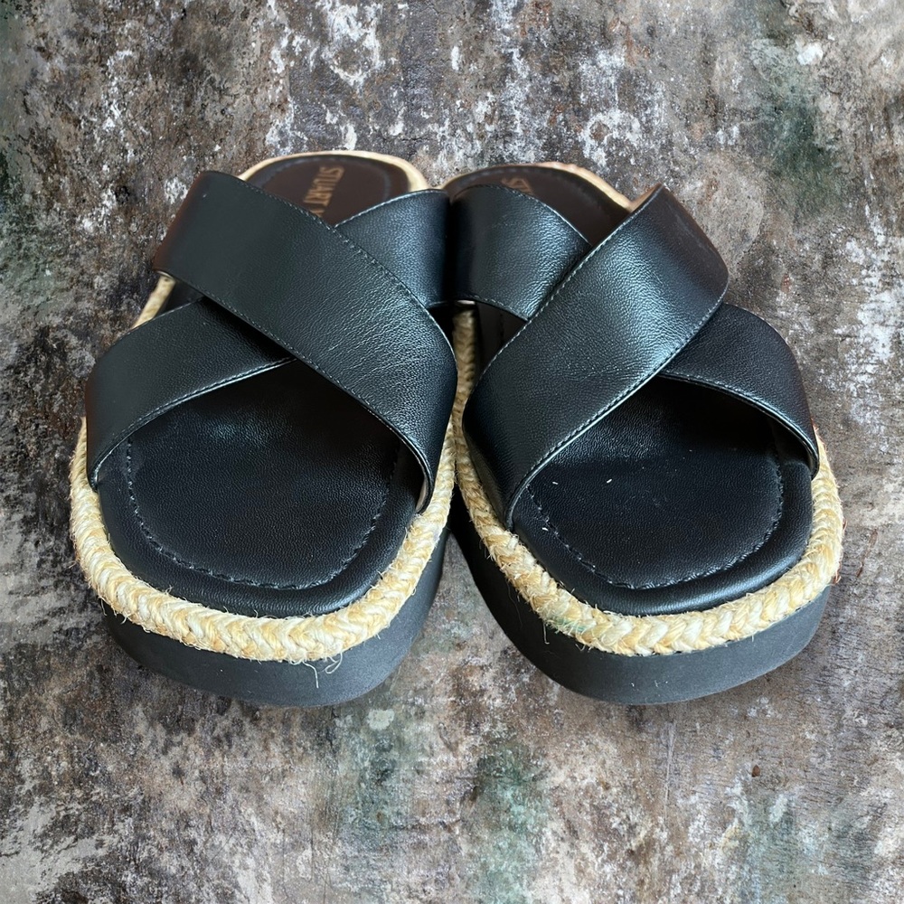 Stuart Weitzman size 7 Black Leather Crisscross Rope-Trim Sandals - Picture 6 of 8